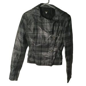 Gianfranco Ferre Women's Plaid Button Biker Jacket Gray Faux Leather Size Small